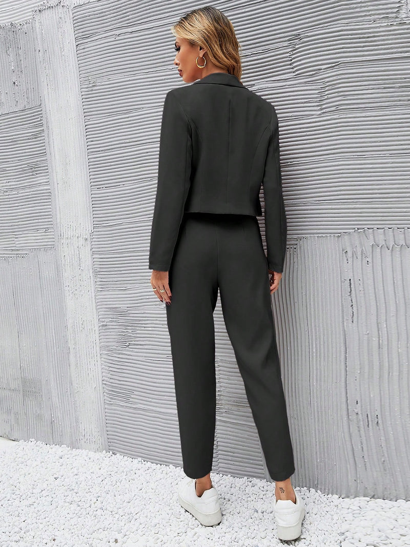 Chiquease Sólido Botão Único Crop Blazer E Bolso Inclinado Calças sob medida