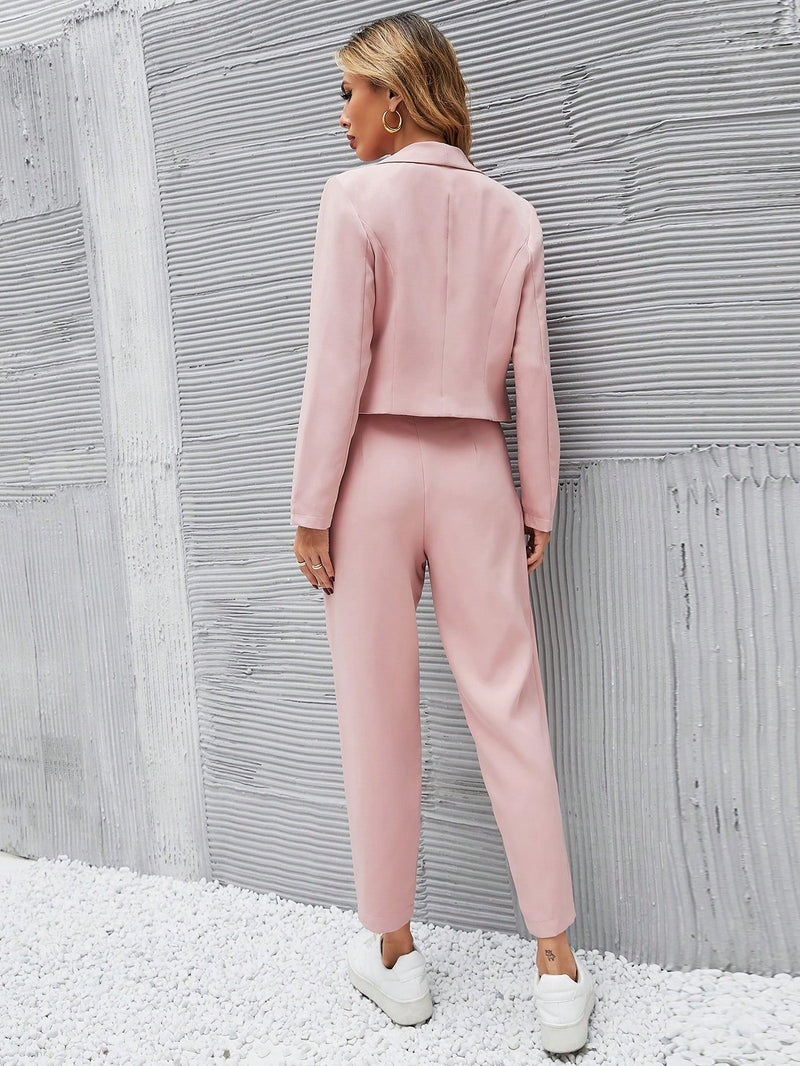 Chiquease Sólido Botão Único Crop Blazer E Bolso Inclinado Calças sob medida