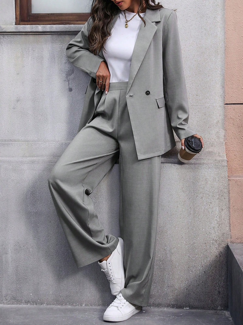 Calvaya Terno de Blazer e Calça de Cor Sólida de Manga Longa de Dupla Altura para Mulheres