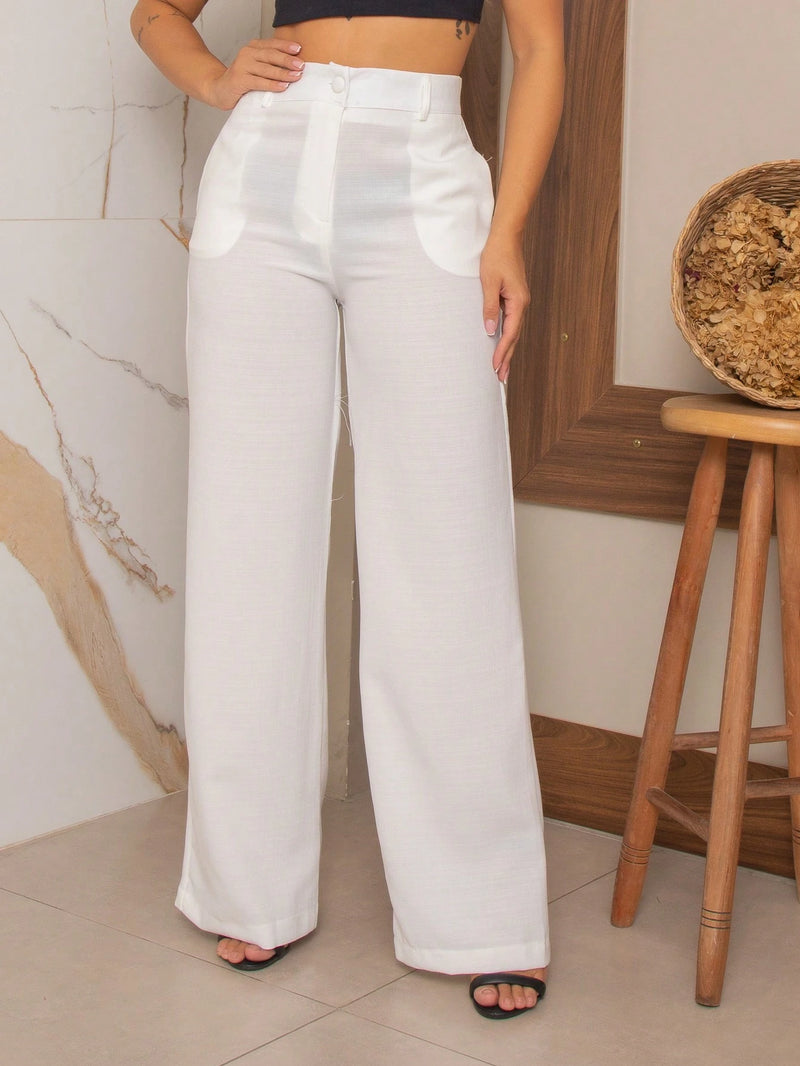 YING ZI Calça Wide Leg Linho Alfaiataria Social
