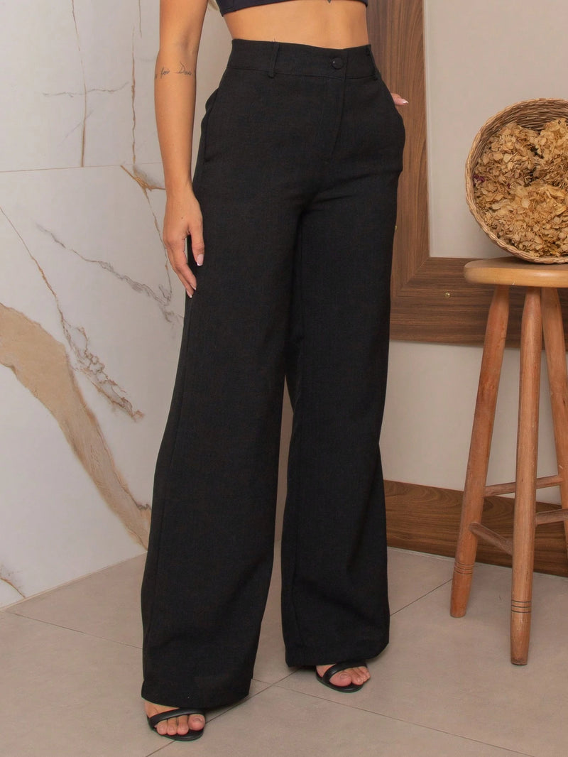 YING ZI Calça Wide Leg Linho Alfaiataria Social