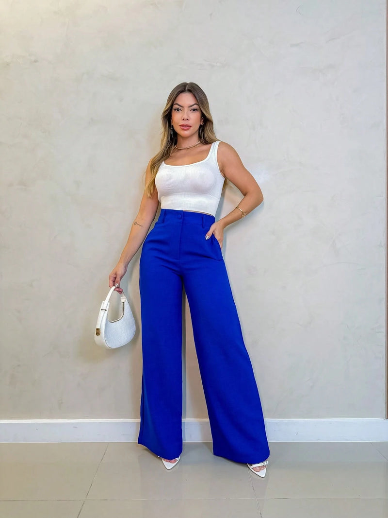 YING ZI Calça Wide Leg Linho Alfaiataria Social