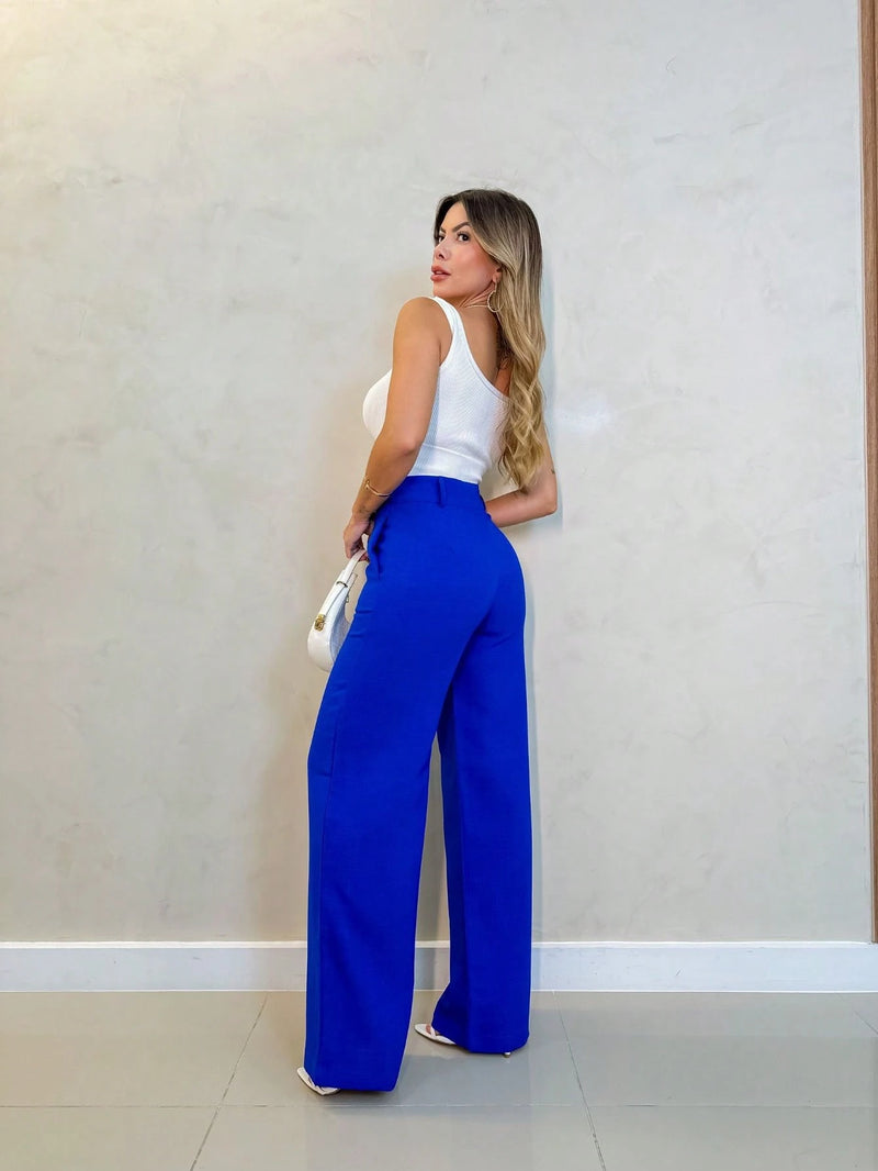 YING ZI Calça Wide Leg Linho Alfaiataria Social