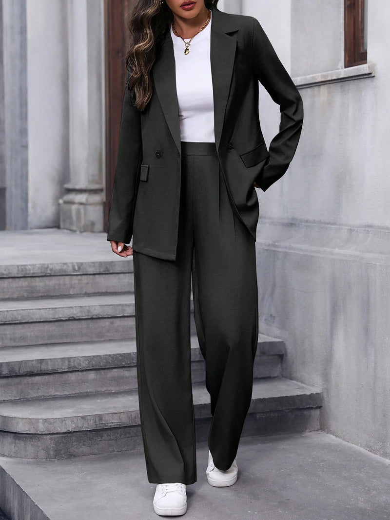 Calvaya Terno de Blazer e Calça de Cor Sólida de Manga Longa de Dupla Altura para Mulheres