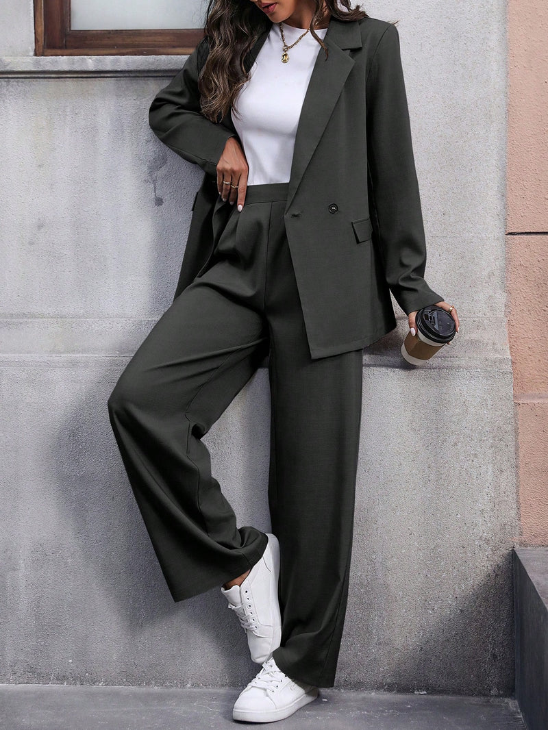 Calvaya Terno de Blazer e Calça de Cor Sólida de Manga Longa de Dupla Altura para Mulheres