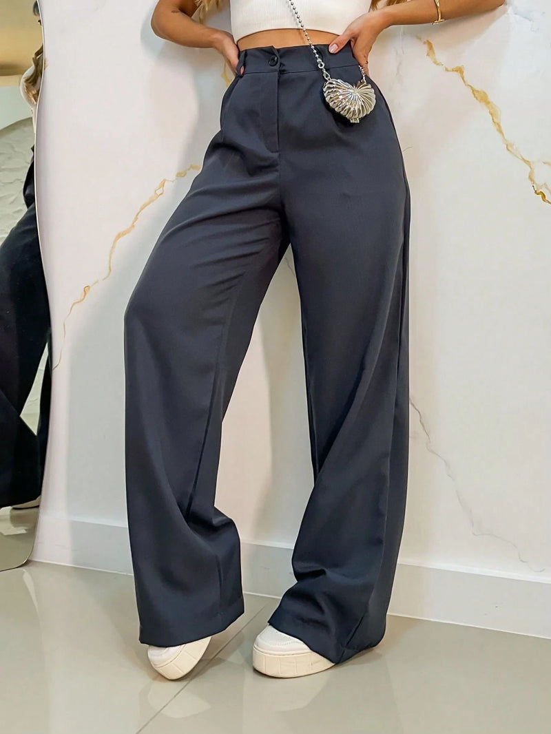 Calça Pantalona Alfaiataria Cinza Midi – OLÍVIA