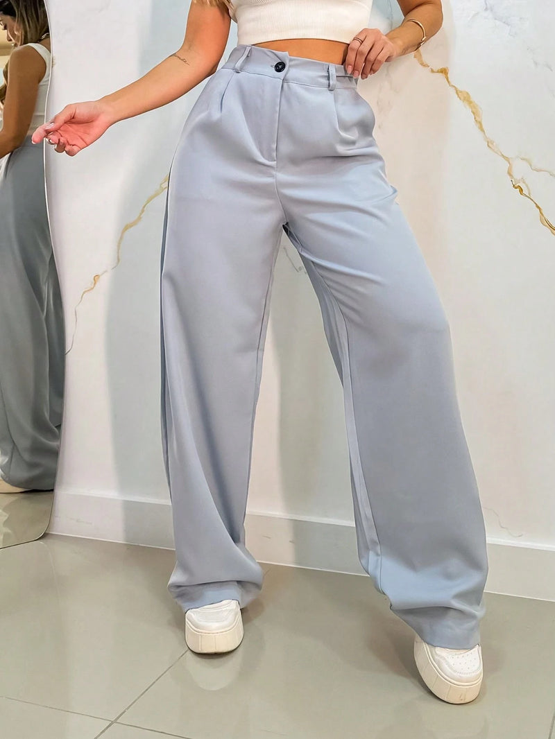Calça Pantalona Alfaiataria Cinza Midi – OLÍVIA