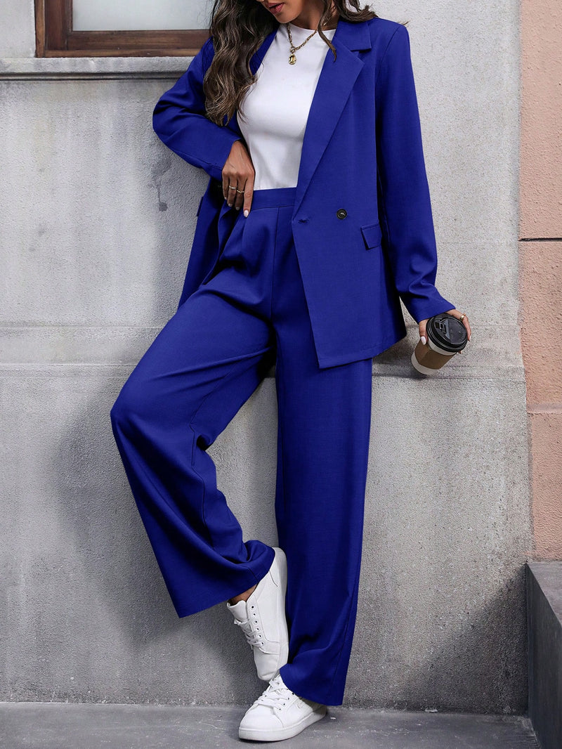 Calvaya Terno de Blazer e Calça de Cor Sólida de Manga Longa de Dupla Altura para Mulheres