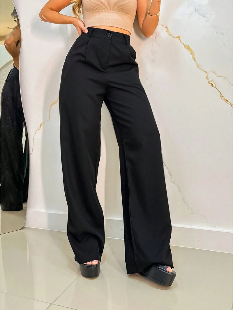 Calça Pantalona Alfaiataria Cinza Midi – OLÍVIA