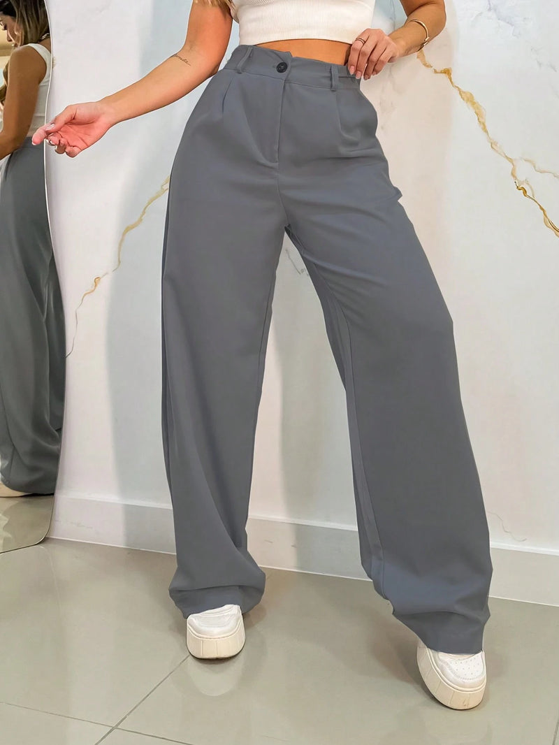Calça Pantalona Alfaiataria Cinza Midi – OLÍVIA