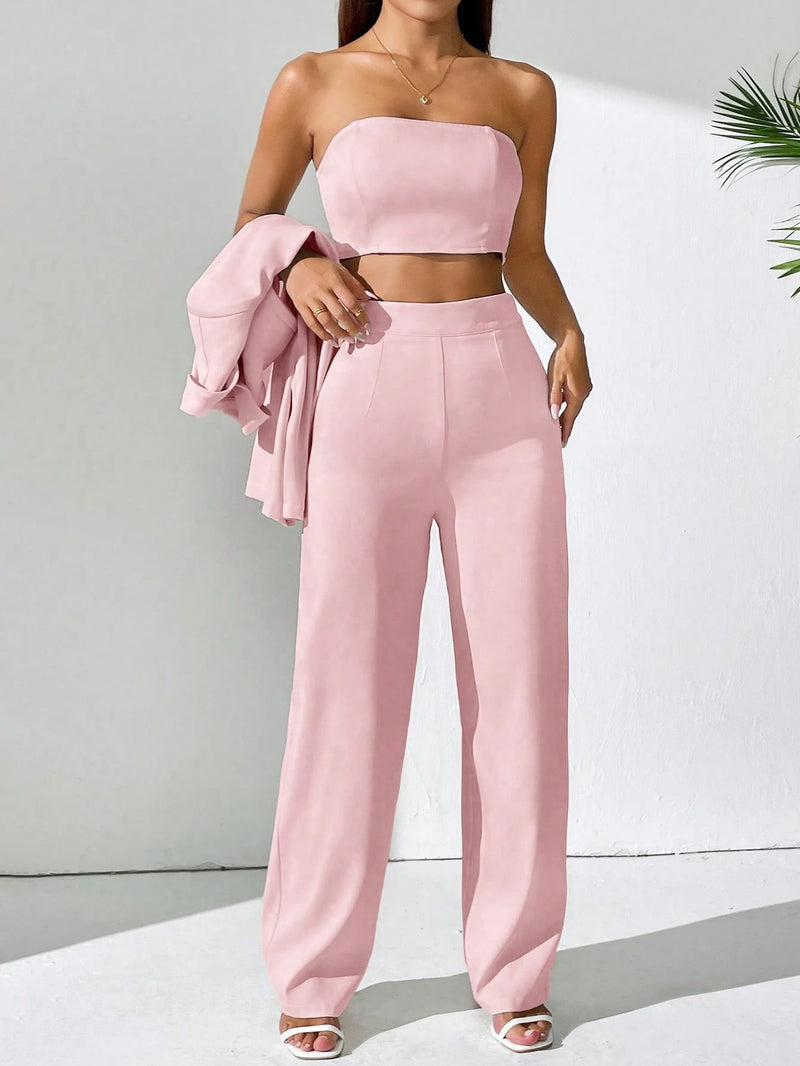 Chiquease Conjunto de Blazer e Calça de Alfaiataria com Gola Xale em Cor Sólida para Mulheres