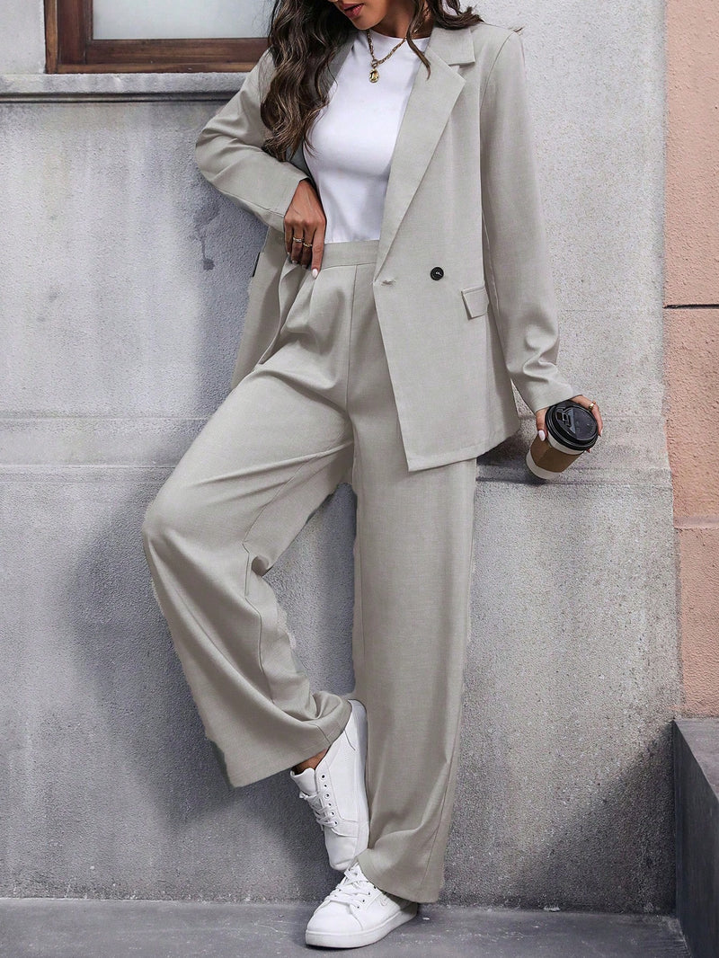 Calvaya Terno de Blazer e Calça de Cor Sólida de Manga Longa de Dupla Altura para Mulheres