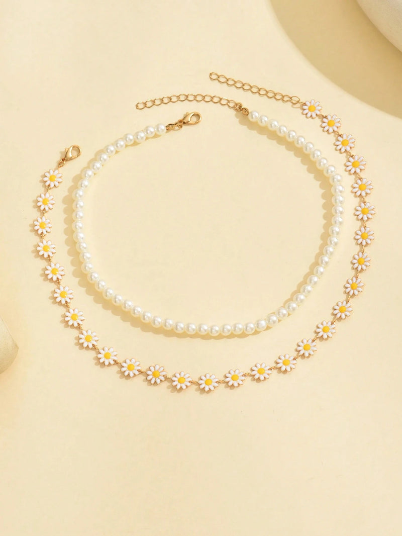 2 Peças/Conjunto Colar Gargantilha Elegante de Verão com Pérolas Falsas, Colar Pendente Irregular de Estrela do Mar de Liga Estilizada com Pérolas Falsas, Joia Feminina para Uso Diário, Viagem, Festival de Música, Festa