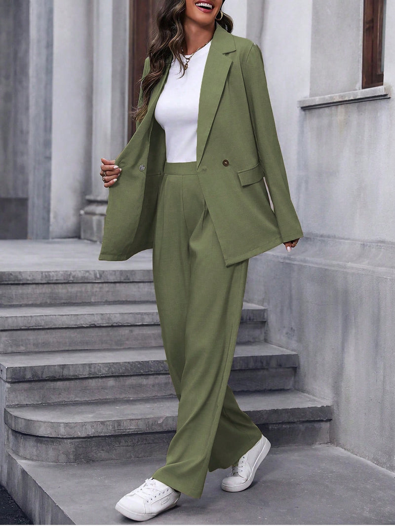 Calvaya Terno de Blazer e Calça de Cor Sólida de Manga Longa de Dupla Altura para Mulheres