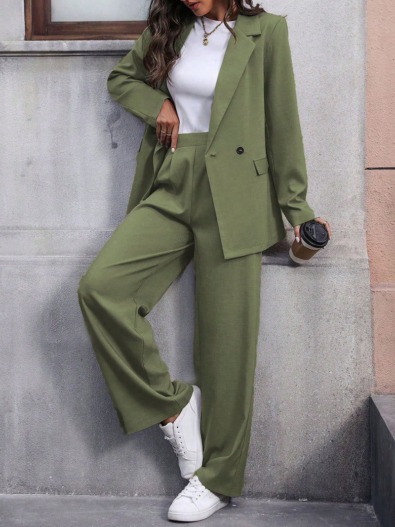 Calvaya Terno de Blazer e Calça de Cor Sólida de Manga Longa de Dupla Altura para Mulheres