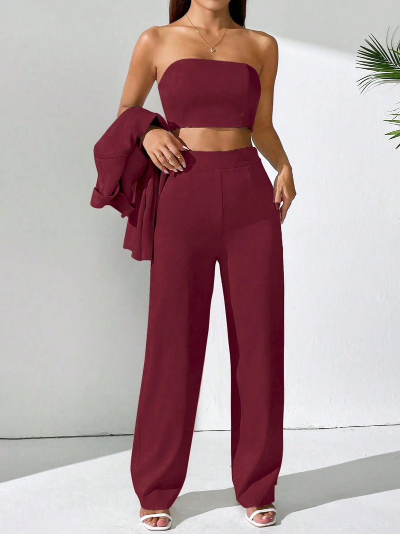 Chiquease Conjunto de Blazer e Calça de Alfaiataria com Gola Xale em Cor Sólida para Mulheres