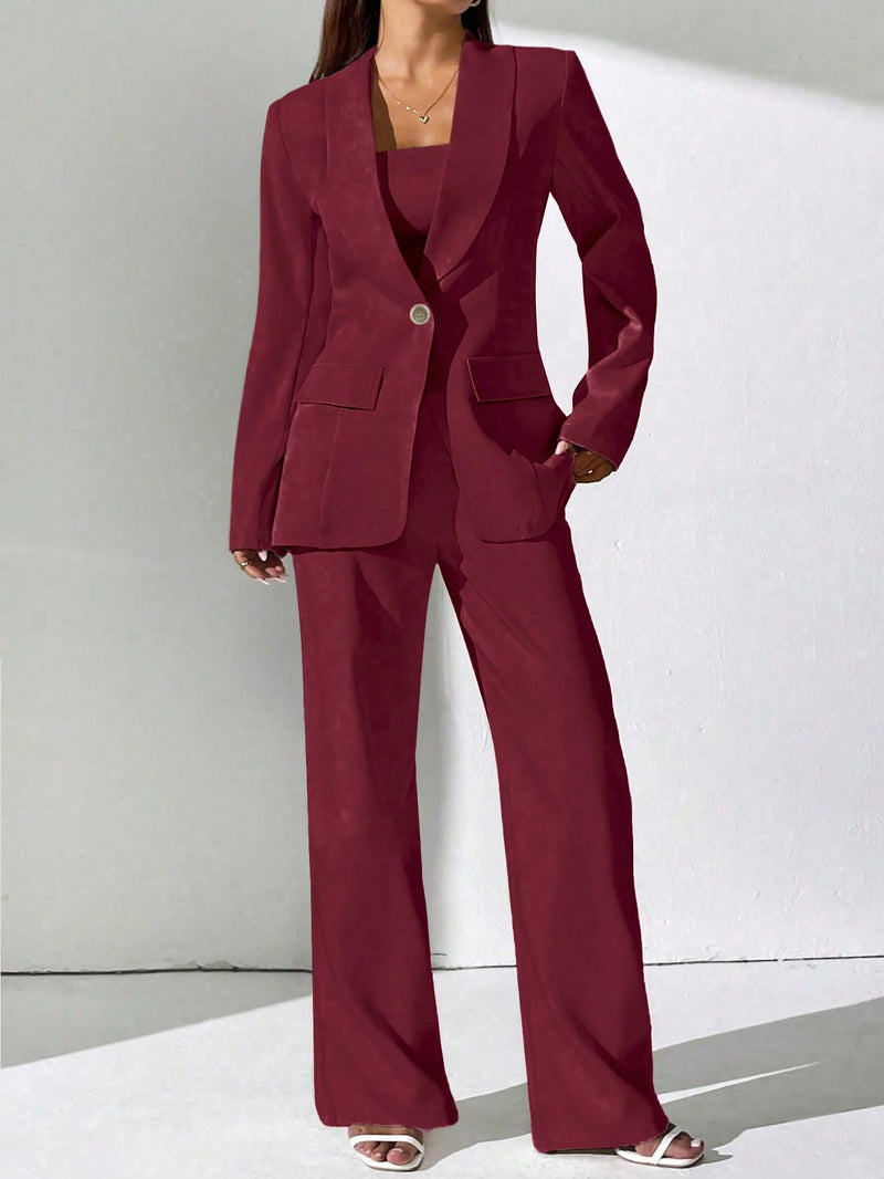 Chiquease Conjunto de Blazer e Calça de Alfaiataria com Gola Xale em Cor Sólida para Mulheres
