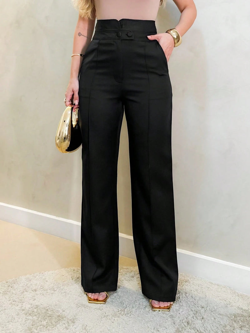 Calça pantalona social elegante moda feminina moderno com botão com bolso na frente/S9826