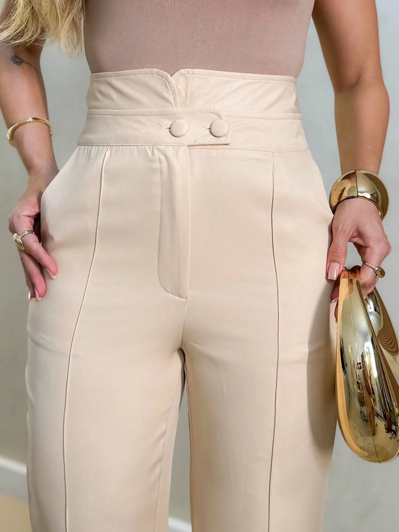 Calça pantalona social elegante moda feminina moderno com botão com bolso na frente/S9826