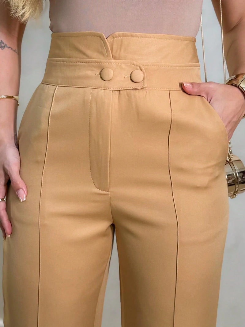 Calça pantalona social elegante moda feminina moderno com botão com bolso na frente/S9826