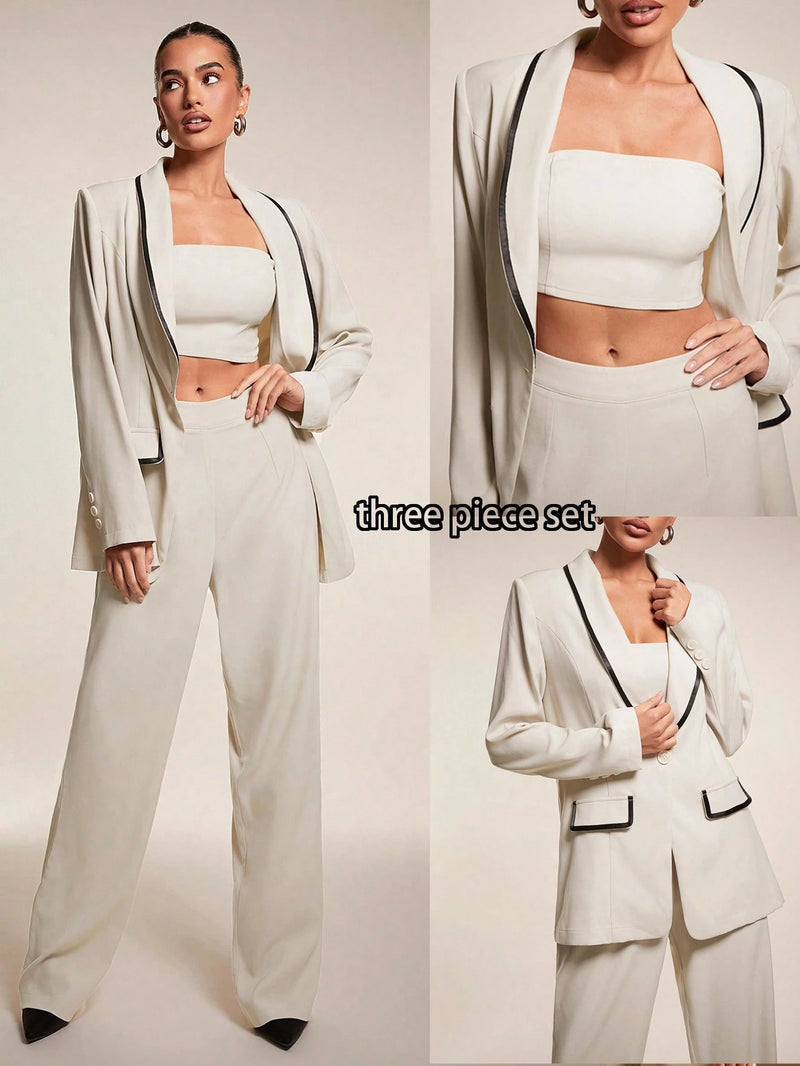 Chiquease Conjunto de Blazer e Calça de Alfaiataria com Gola Xale em Cor Sólida para Mulheres