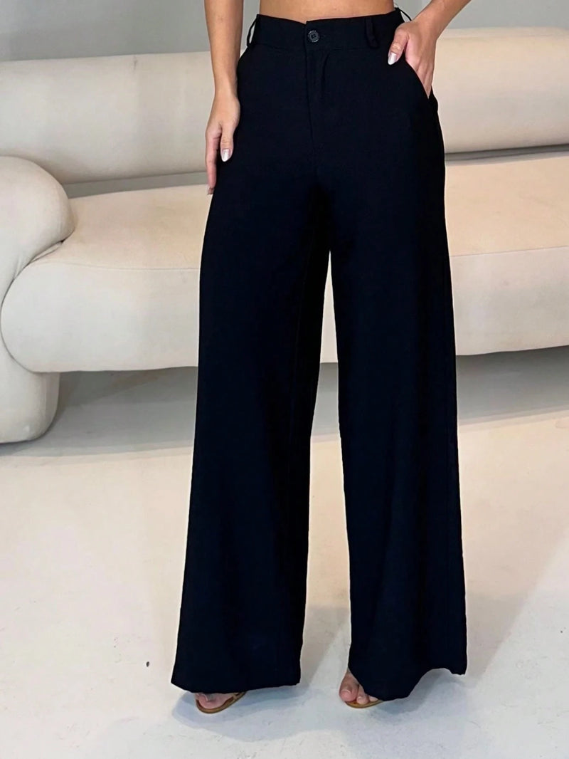 Calça feminina pantalona elegante com bolso