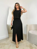 Vendedor IndicadoConjunto longo de linho, composto por saia com fenda e blusa com detalhes nas alças