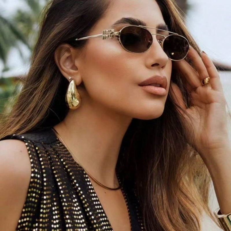 Óculos de sol ovais de viga dupla de metal moda feminina versátil 2025 novos óculos de sol personalizados óculos de sol europeus e americanos hot girl