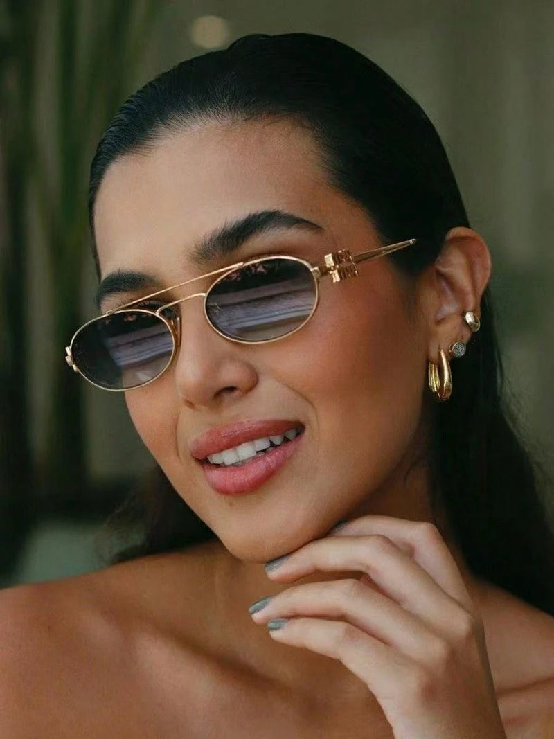 Óculos de sol ovais de viga dupla de metal moda feminina versátil 2025 novos óculos de sol personalizados óculos de sol europeus e americanos hot girl