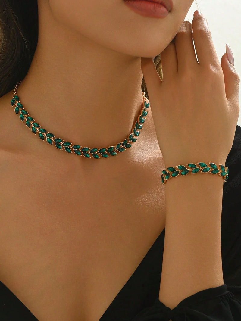 1 Conjunto Elegante e Fashion de Joias Femininas, Composto por Colar, Pulseira e Brincos de Cristais Cintilantes Inspirados em Esmeraldas, Presente de Casamento de Luxo, Verão