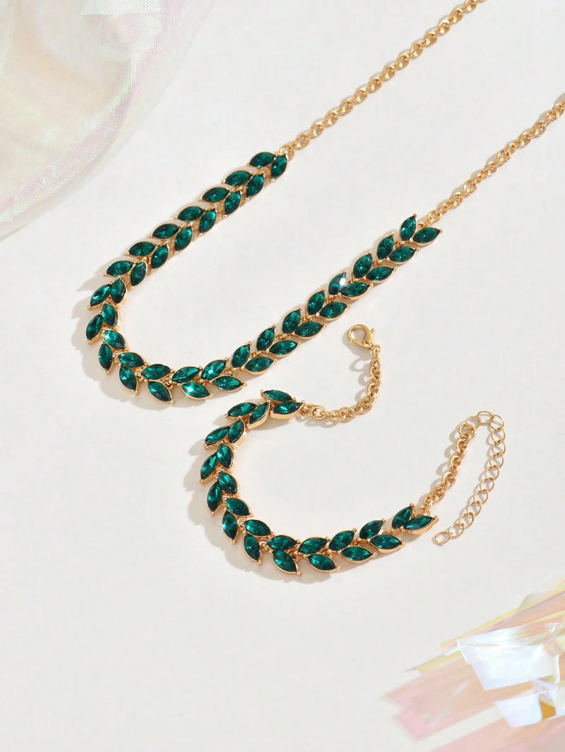 1 Conjunto Elegante e Fashion de Joias Femininas, Composto por Colar, Pulseira e Brincos de Cristais Cintilantes Inspirados em Esmeraldas, Presente de Casamento de Luxo, Verão