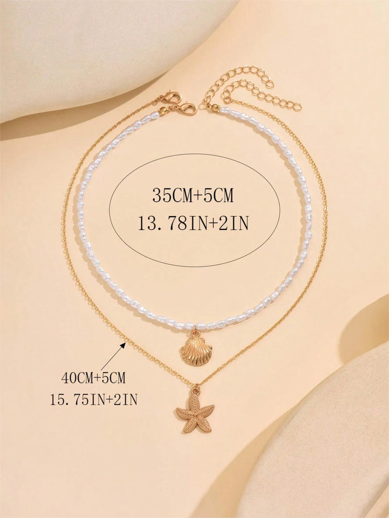 2 Peças/Conjunto Colar Gargantilha Elegante de Verão com Pérolas Falsas, Colar Pendente Irregular de Estrela do Mar de Liga Estilizada com Pérolas Falsas, Joia Feminina para Uso Diário, Viagem, Festival de Música, Festa