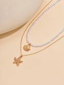 2 Peças/Conjunto Colar Gargantilha Elegante de Verão com Pérolas Falsas, Colar Pendente Irregular de Estrela do Mar de Liga Estilizada com Pérolas Falsas, Joia Feminina para Uso Diário, Viagem, Festival de Música, Festa