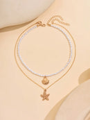 2 Peças/Conjunto Colar Gargantilha Elegante de Verão com Pérolas Falsas, Colar Pendente Irregular de Estrela do Mar de Liga Estilizada com Pérolas Falsas, Joia Feminina para Uso Diário, Viagem, Festival de Música, Festa