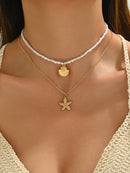 2 Peças/Conjunto Colar Gargantilha Elegante de Verão com Pérolas Falsas, Colar Pendente Irregular de Estrela do Mar de Liga Estilizada com Pérolas Falsas, Joia Feminina para Uso Diário, Viagem, Festival de Música, Festa