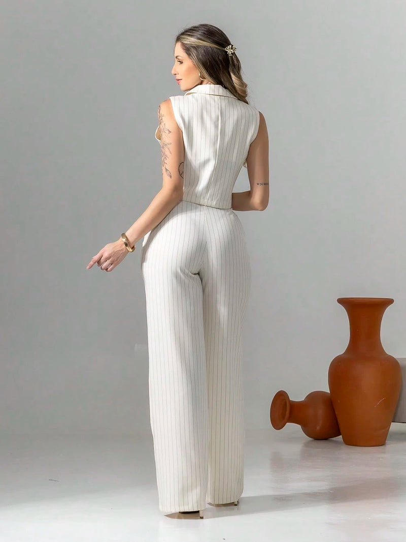 Vendedor Indicadoconjunto de colete e calça pantalona de alfaiataria listrada C3095