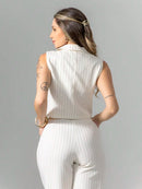 Vendedor Indicadoconjunto de colete e calça pantalona de alfaiataria listrada C3095