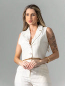 Vendedor Indicadoconjunto de colete e calça pantalona de alfaiataria listrada C3095