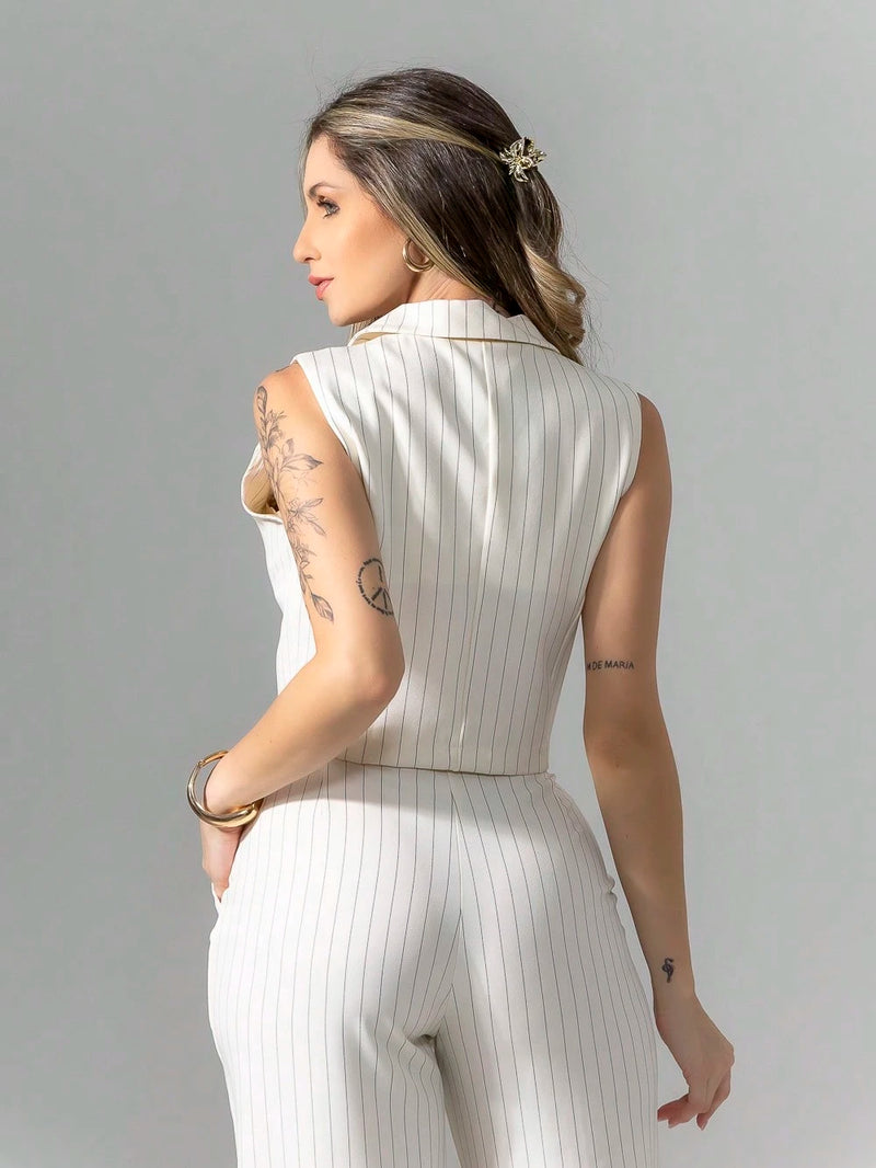 Vendedor Indicadoconjunto de colete e calça pantalona de alfaiataria listrada C3095