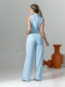 Vendedor Indicadoconjunto de colete e calça pantalona de alfaiataria listrada C3095