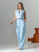 Vendedor Indicadoconjunto de colete e calça pantalona de alfaiataria listrada C3095