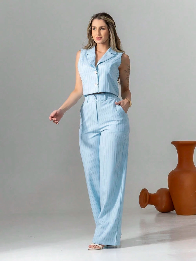 Vendedor Indicadoconjunto de colete e calça pantalona de alfaiataria listrada C3095