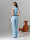 Vendedor Indicadoconjunto de colete e calça pantalona de alfaiataria listrada C3095