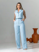 Vendedor Indicadoconjunto de colete e calça pantalona de alfaiataria listrada C3095