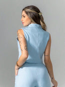 Vendedor Indicadoconjunto de colete e calça pantalona de alfaiataria listrada C3095