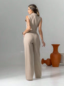 Vendedor Indicadoconjunto de colete e calça pantalona de alfaiataria listrada C3095