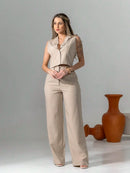 Vendedor Indicadoconjunto de colete e calça pantalona de alfaiataria listrada C3095