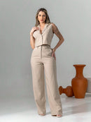 Vendedor Indicadoconjunto de colete e calça pantalona de alfaiataria listrada C3095