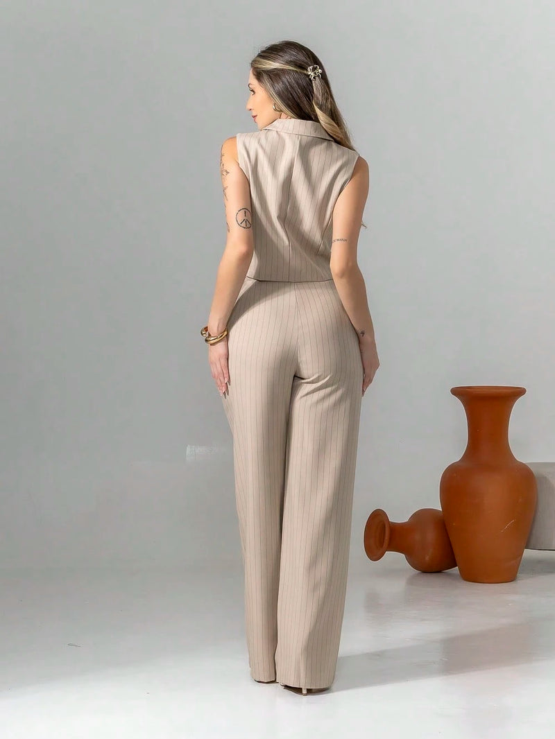 Vendedor Indicadoconjunto de colete e calça pantalona de alfaiataria listrada C3095