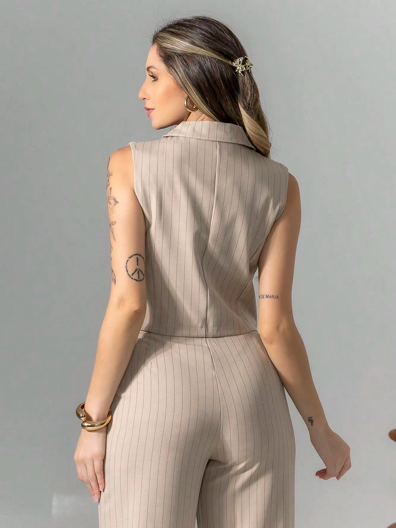 Vendedor Indicadoconjunto de colete e calça pantalona de alfaiataria listrada C3095